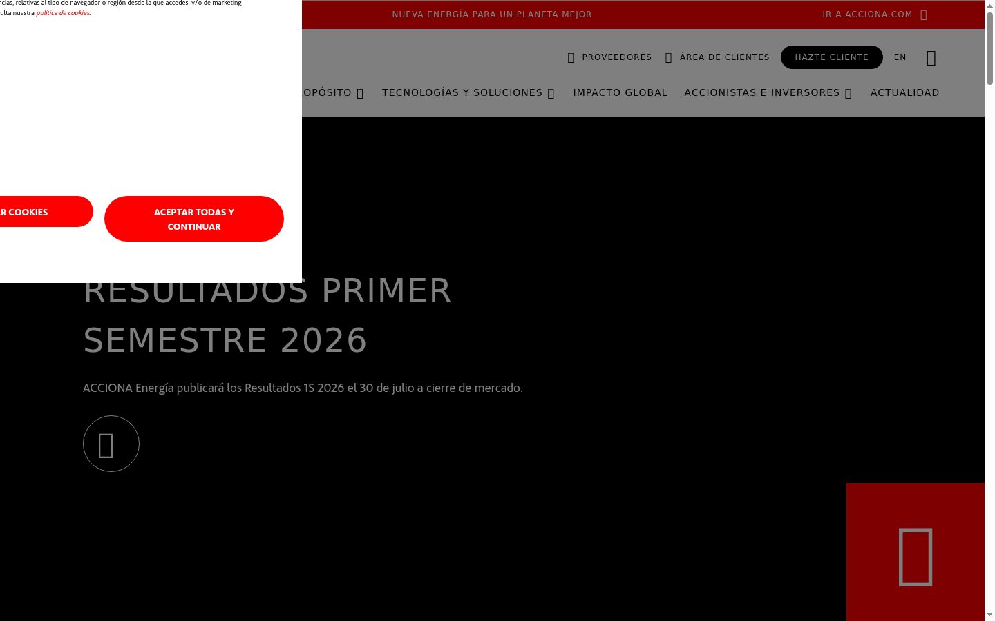 Captura de pantalla del banner de consentimiento mostrado antes de cualquier interacción
