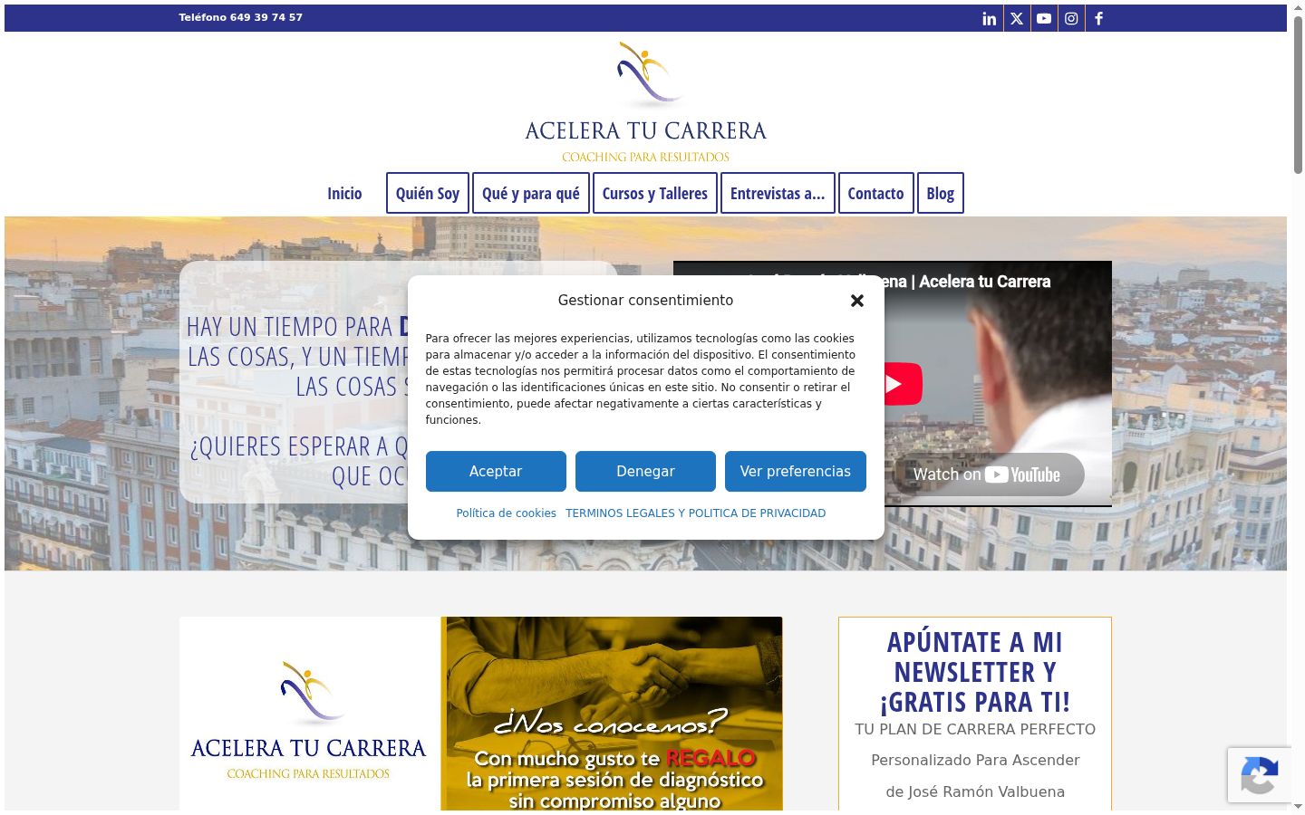 Captura de pantalla del banner de consentimiento mostrado antes de cualquier interacción