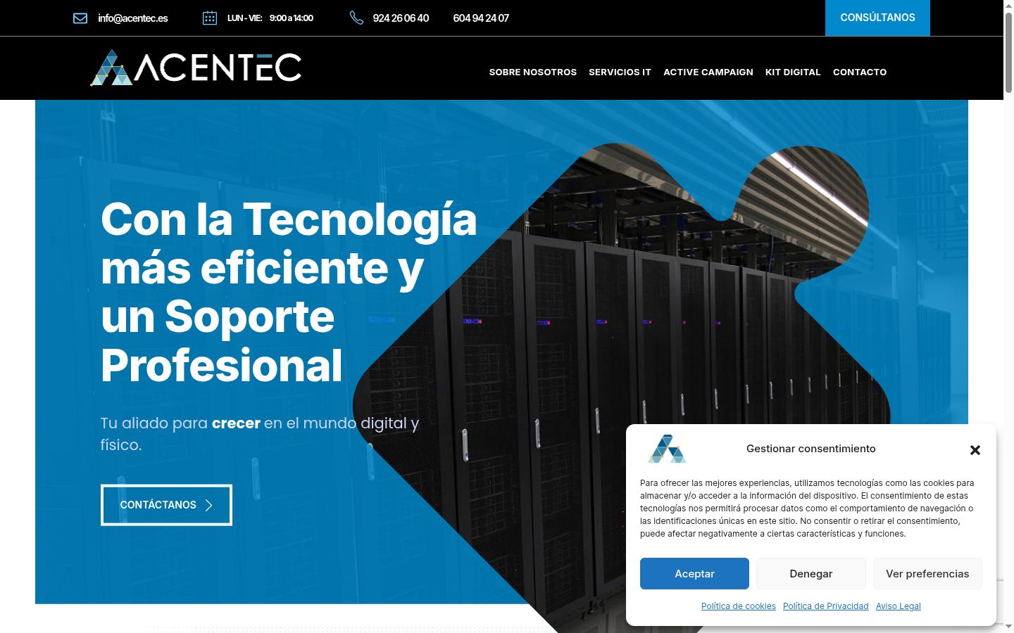 Captura de pantalla del banner de consentimiento mostrado antes de cualquier interacción