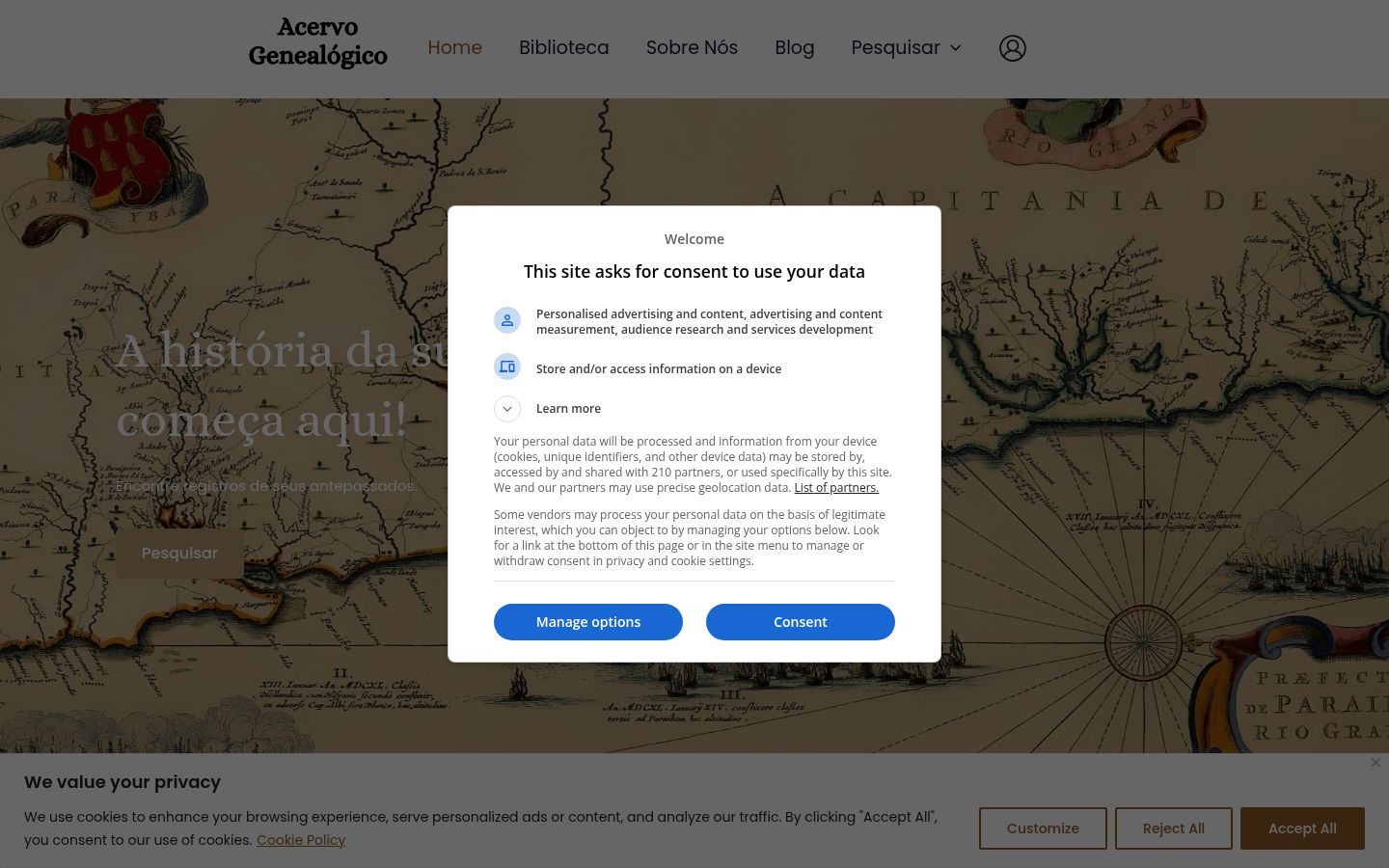 Captura de pantalla del banner de consentimiento mostrado antes de cualquier interacción