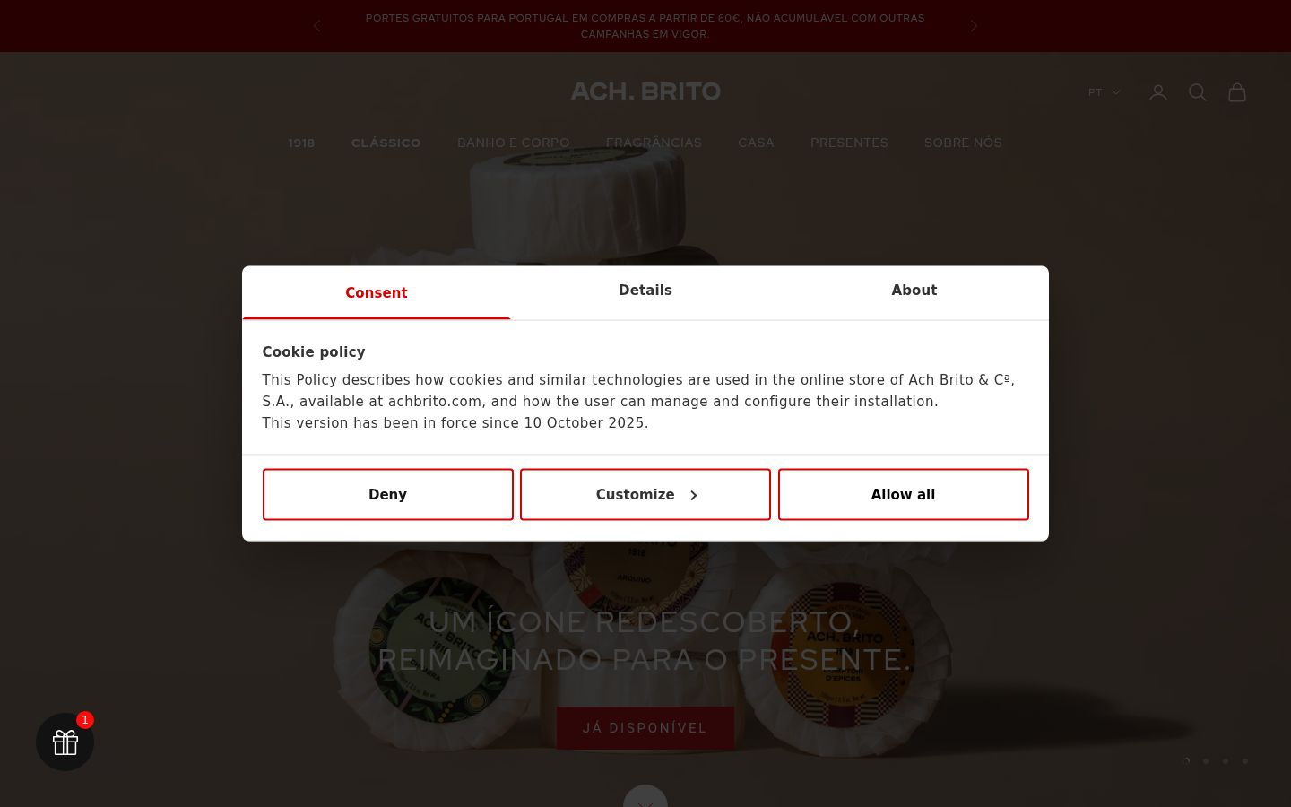 Screenshot del banner di consenso mostrato prima di qualsiasi interazione
