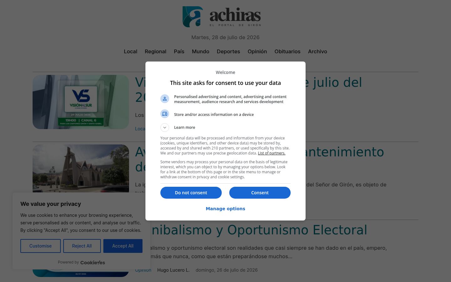 Screenshot van de toestemmingsbanner zoals getoond vóór enige interactie