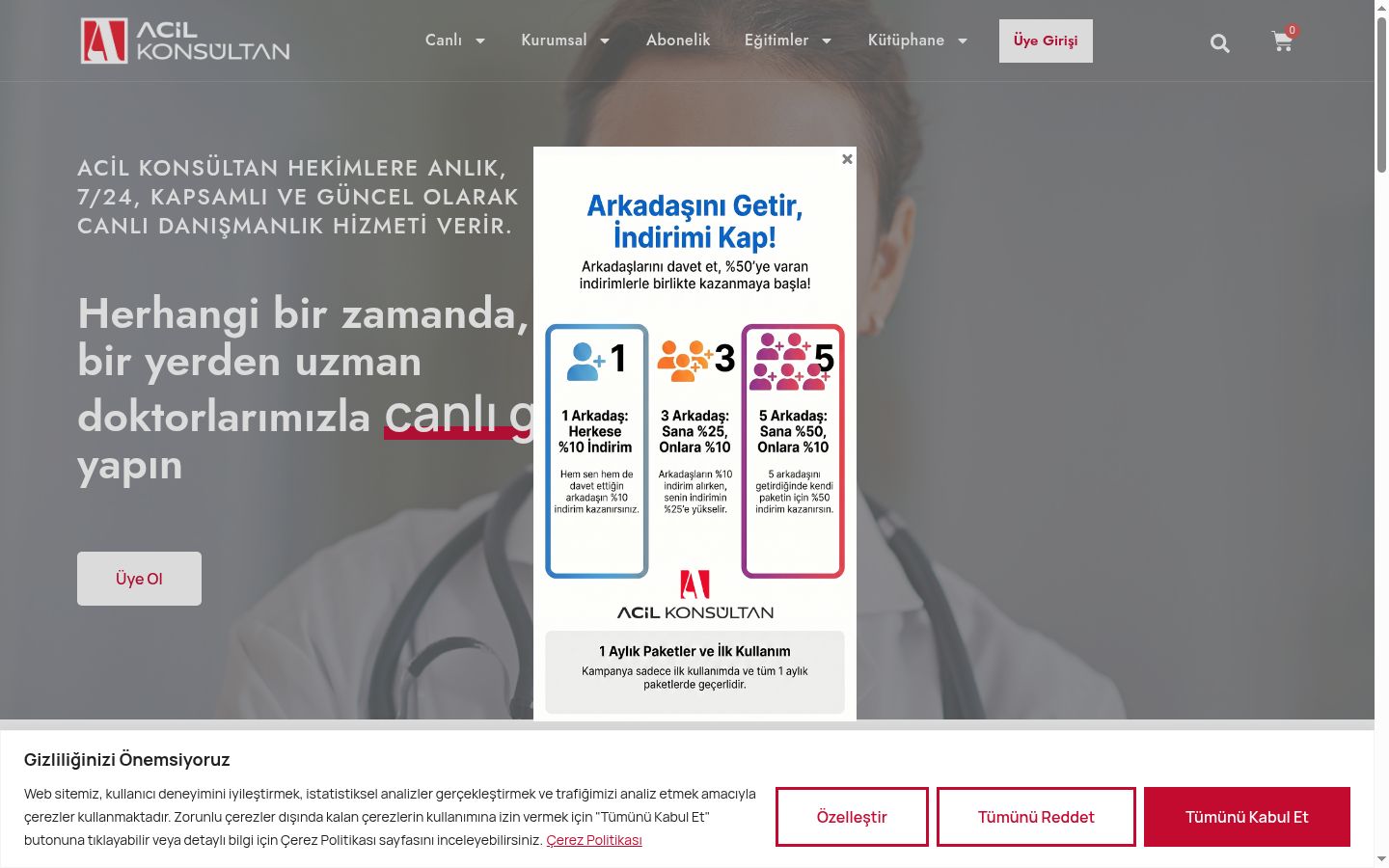 Captura de ecrã do banner de consentimento apresentado antes de qualquer interação