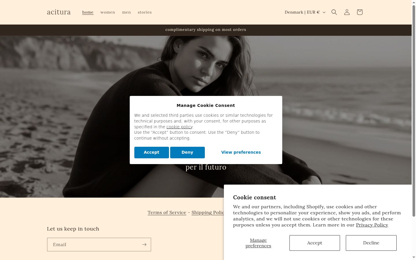 Screenshot del banner di consenso mostrato prima di qualsiasi interazione