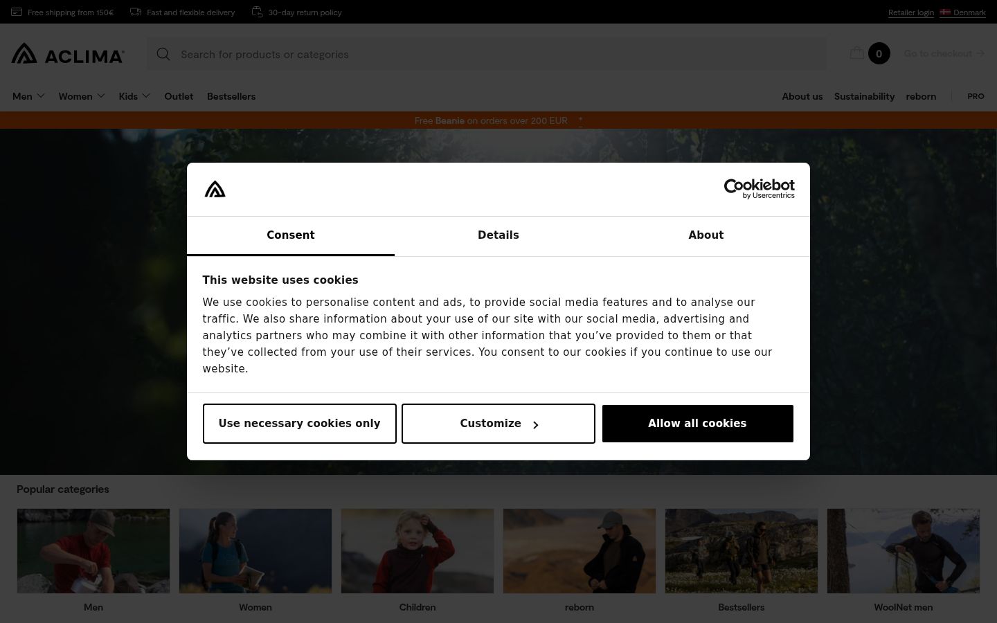 Screenshot del banner di consenso mostrato prima di qualsiasi interazione