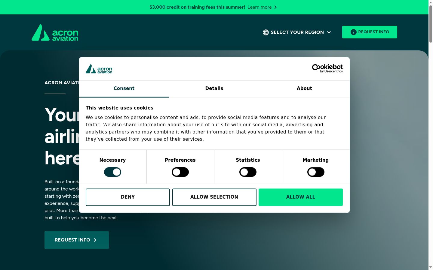Screenshot del banner di consenso mostrato prima di qualsiasi interazione