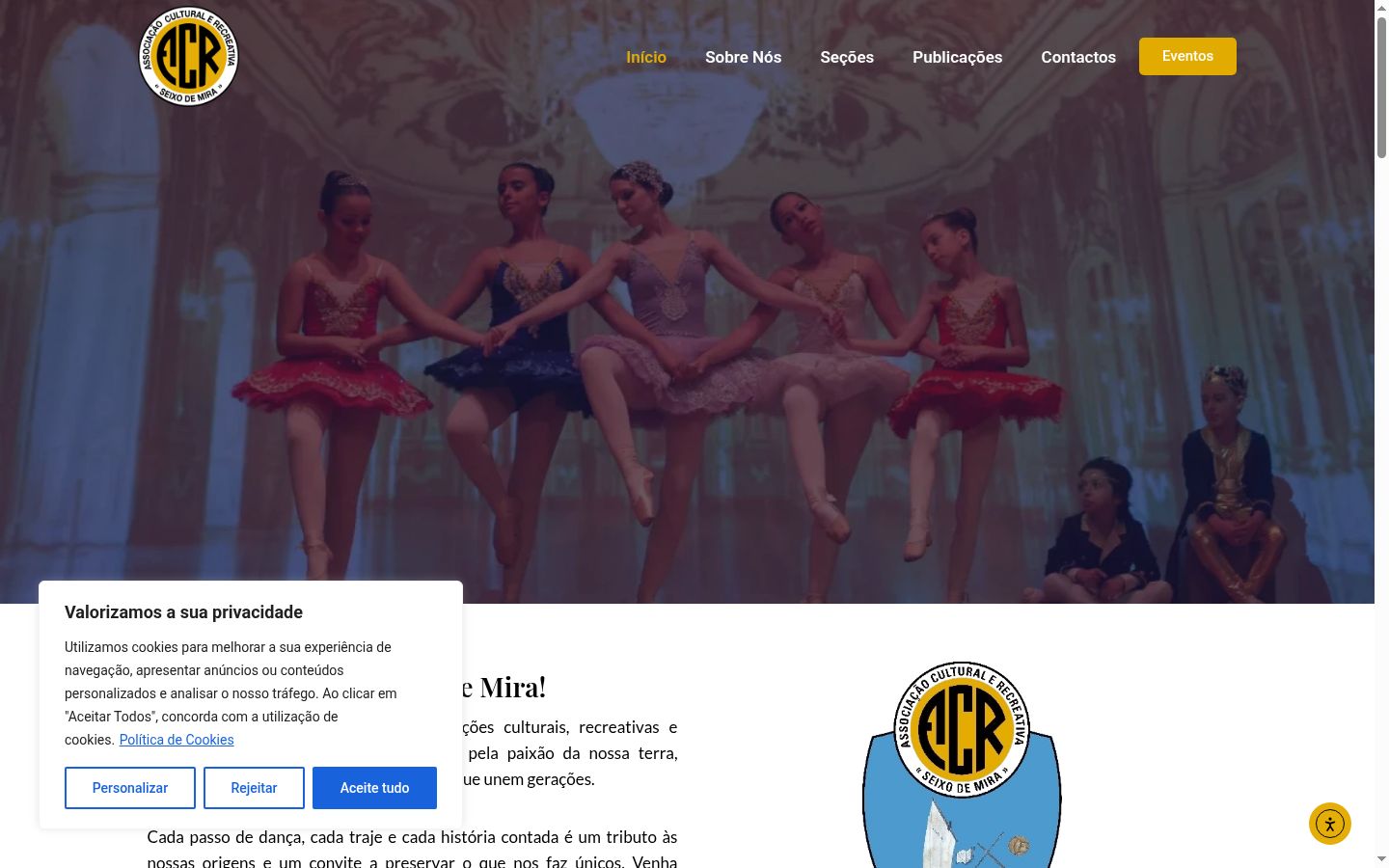 Captura de ecrã do banner de consentimento apresentado antes de qualquer interação