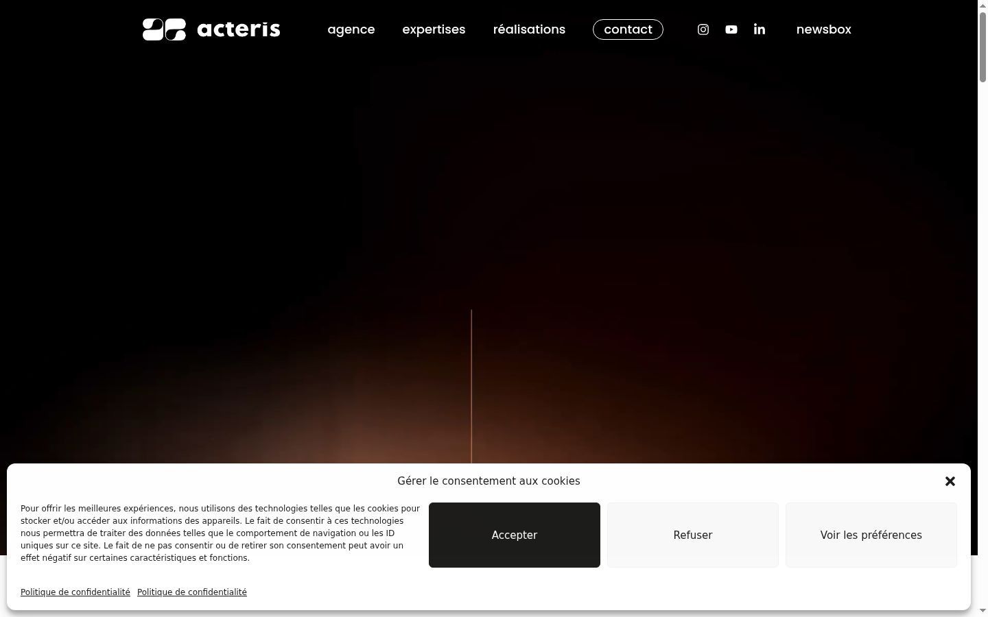 Capture d'écran de la bannière de consentement affichée avant toute interaction