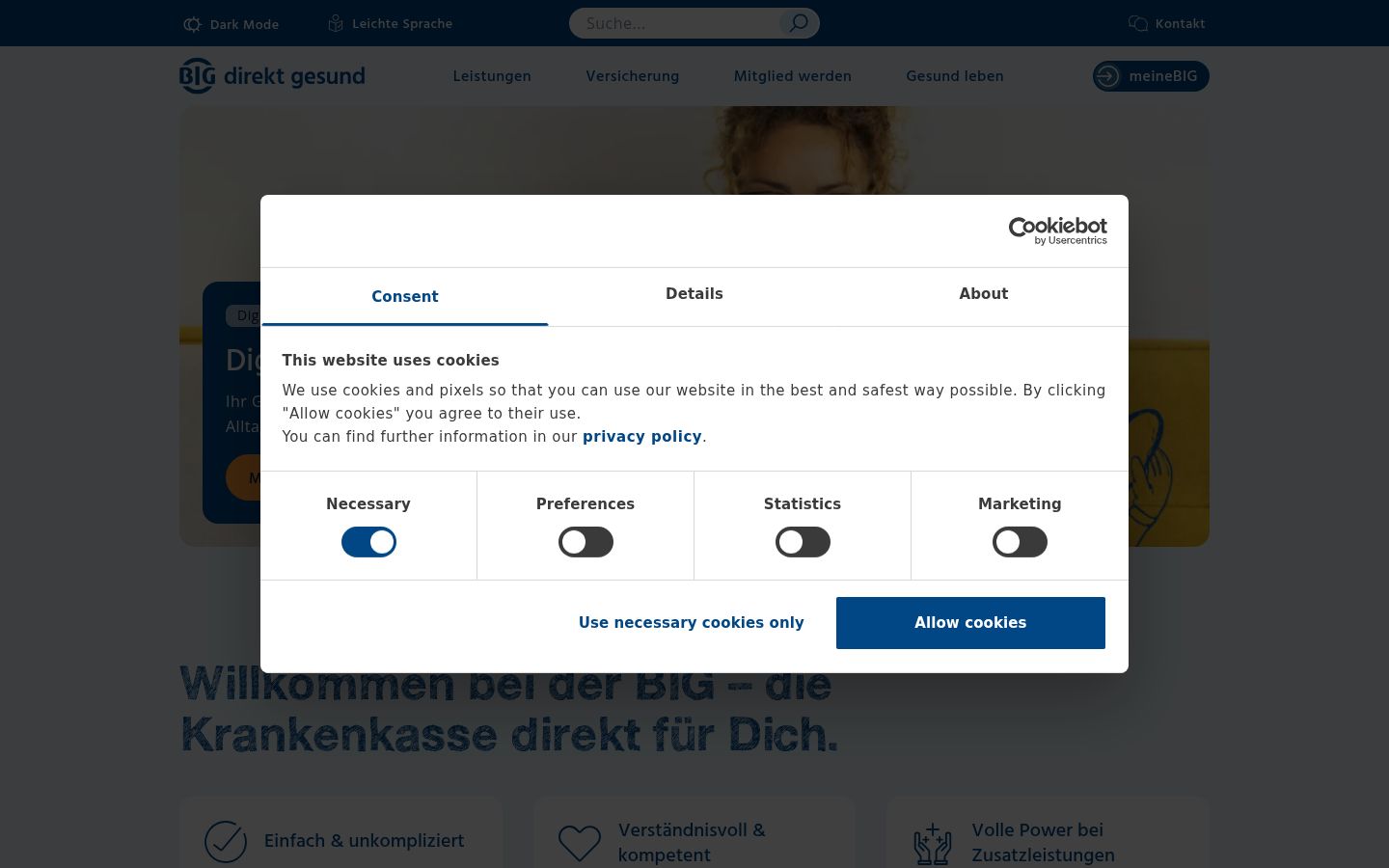 Screenshot del banner di consenso mostrato prima di qualsiasi interazione