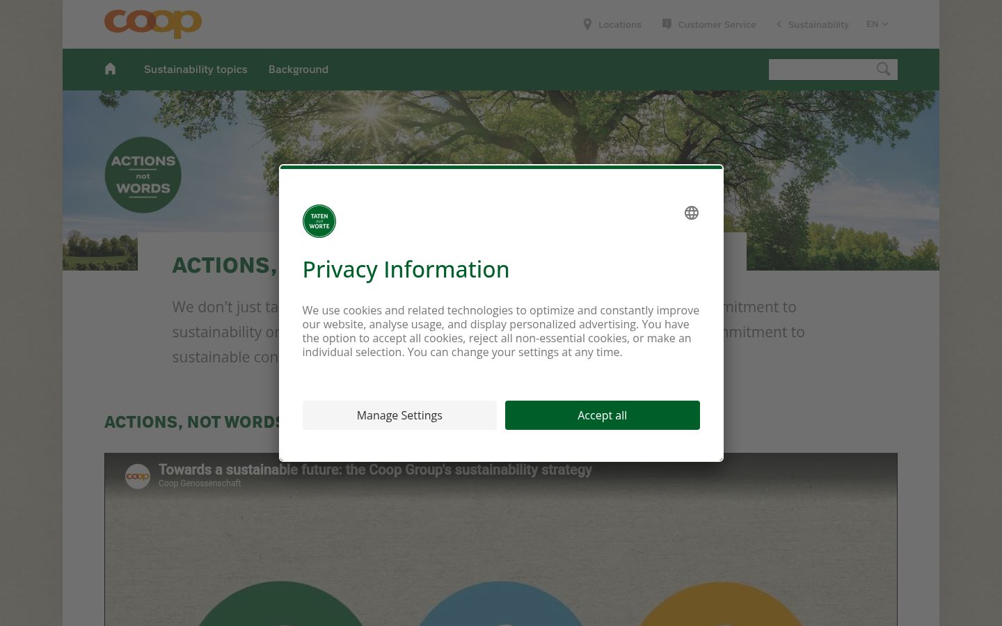 Captura de ecrã do banner de consentimento apresentado antes de qualquer interação