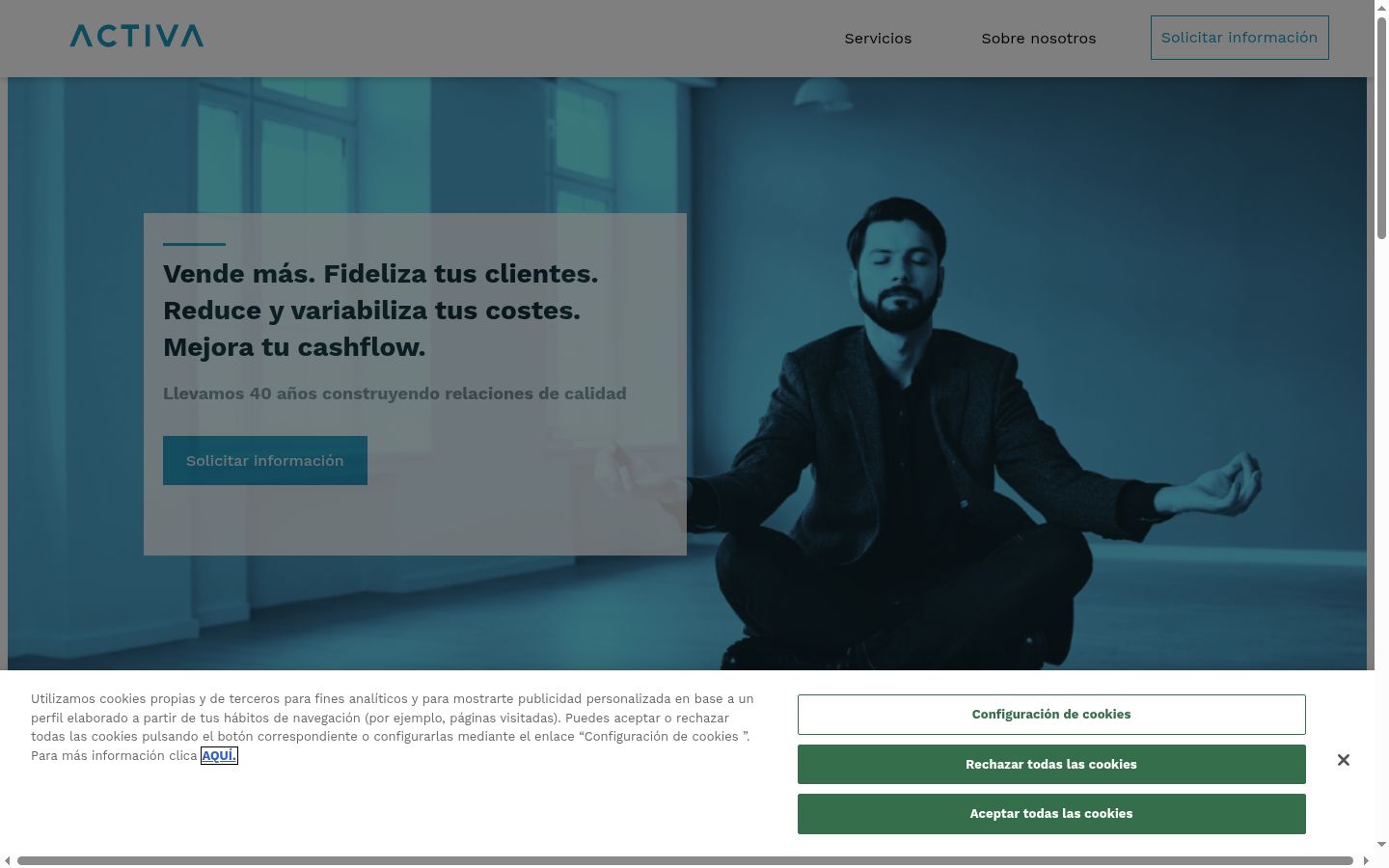 Captura de ecrã do banner de consentimento apresentado antes de qualquer interação