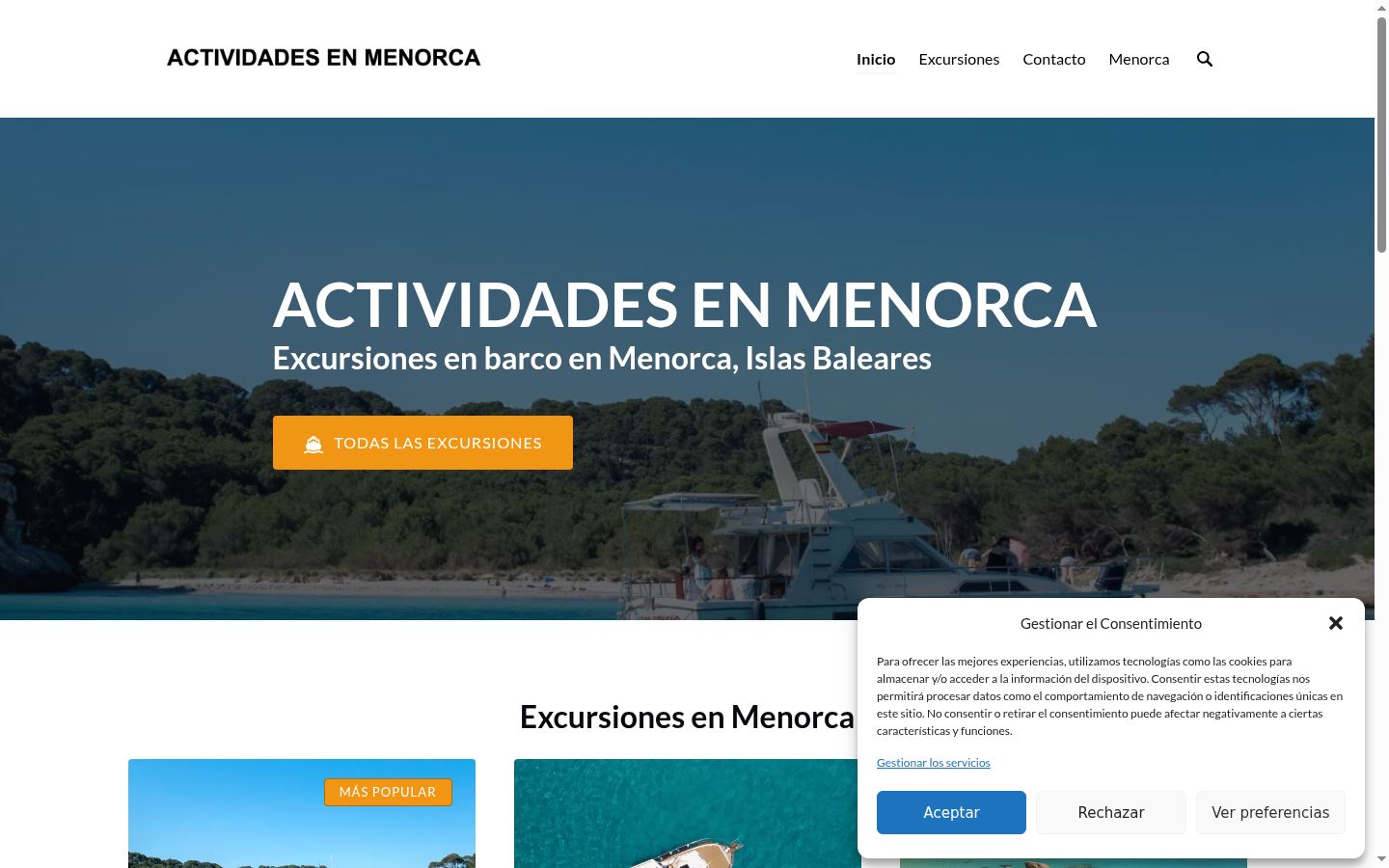 Captura de pantalla del banner de consentimiento mostrado antes de cualquier interacción
