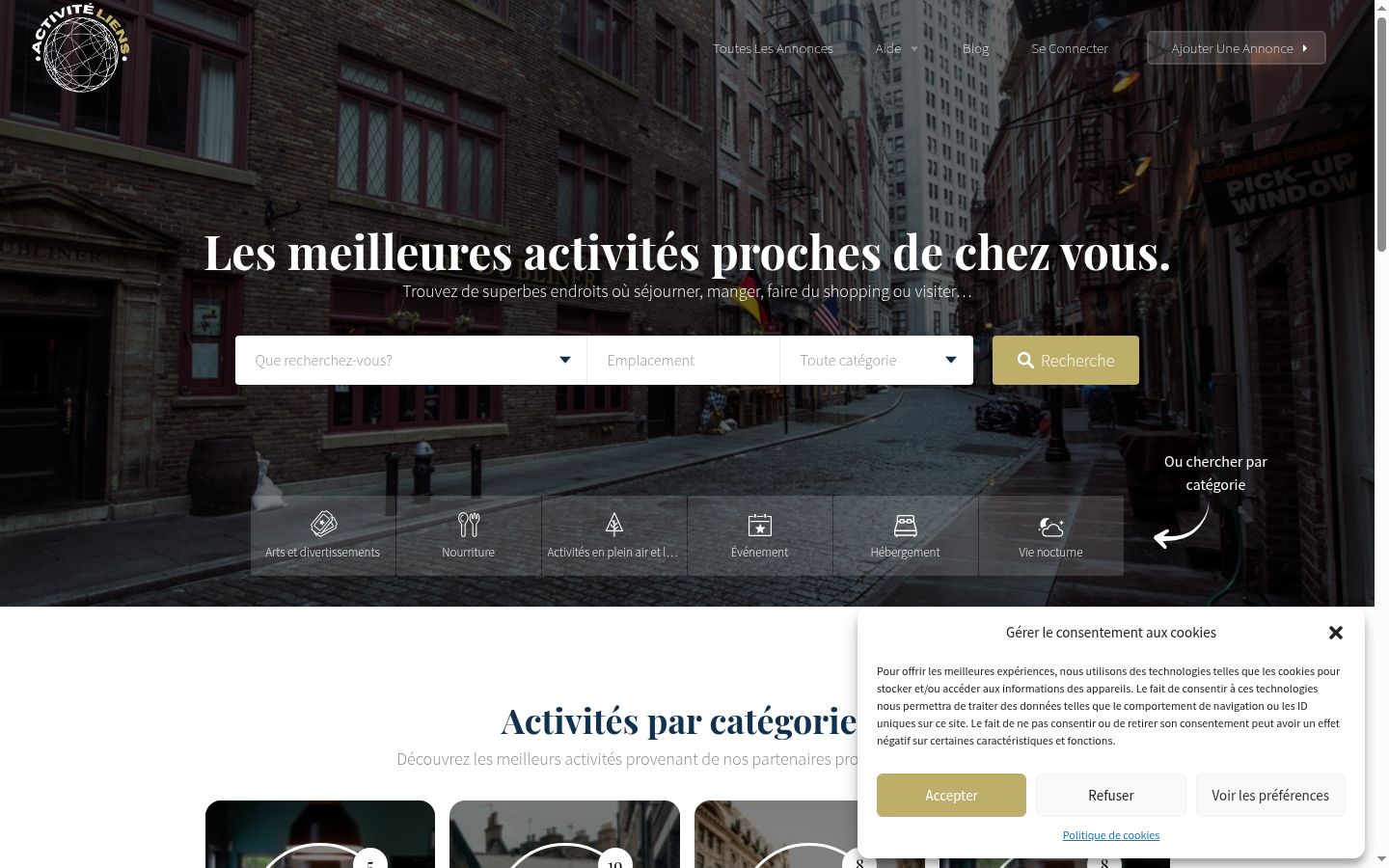 Capture d'écran de la bannière de consentement affichée avant toute interaction