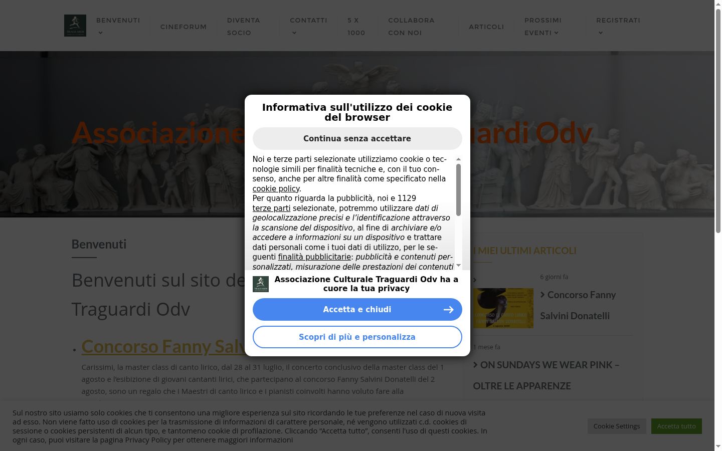 Screenshot del banner di consenso mostrato prima di qualsiasi interazione