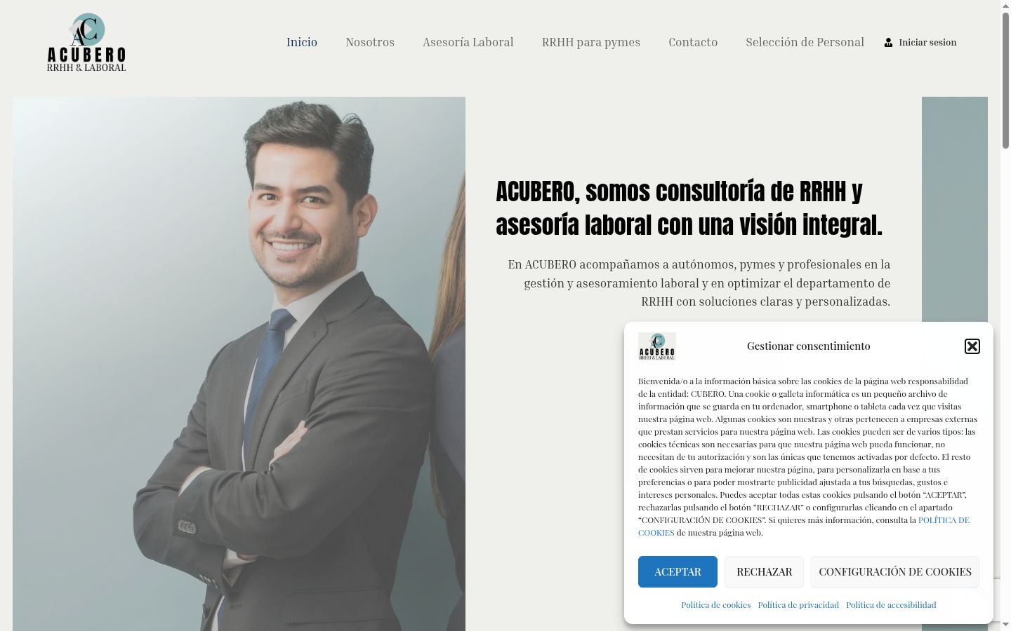 Captura de pantalla del banner de consentimiento mostrado antes de cualquier interacción