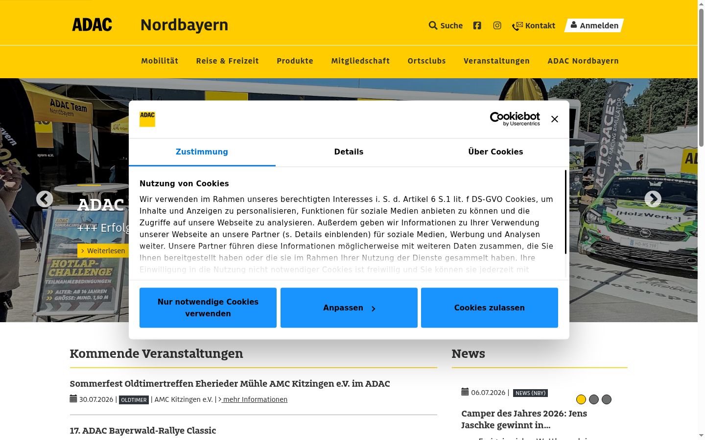 Screenshot des Einwilligungsbanners vor jeglicher Interaktion