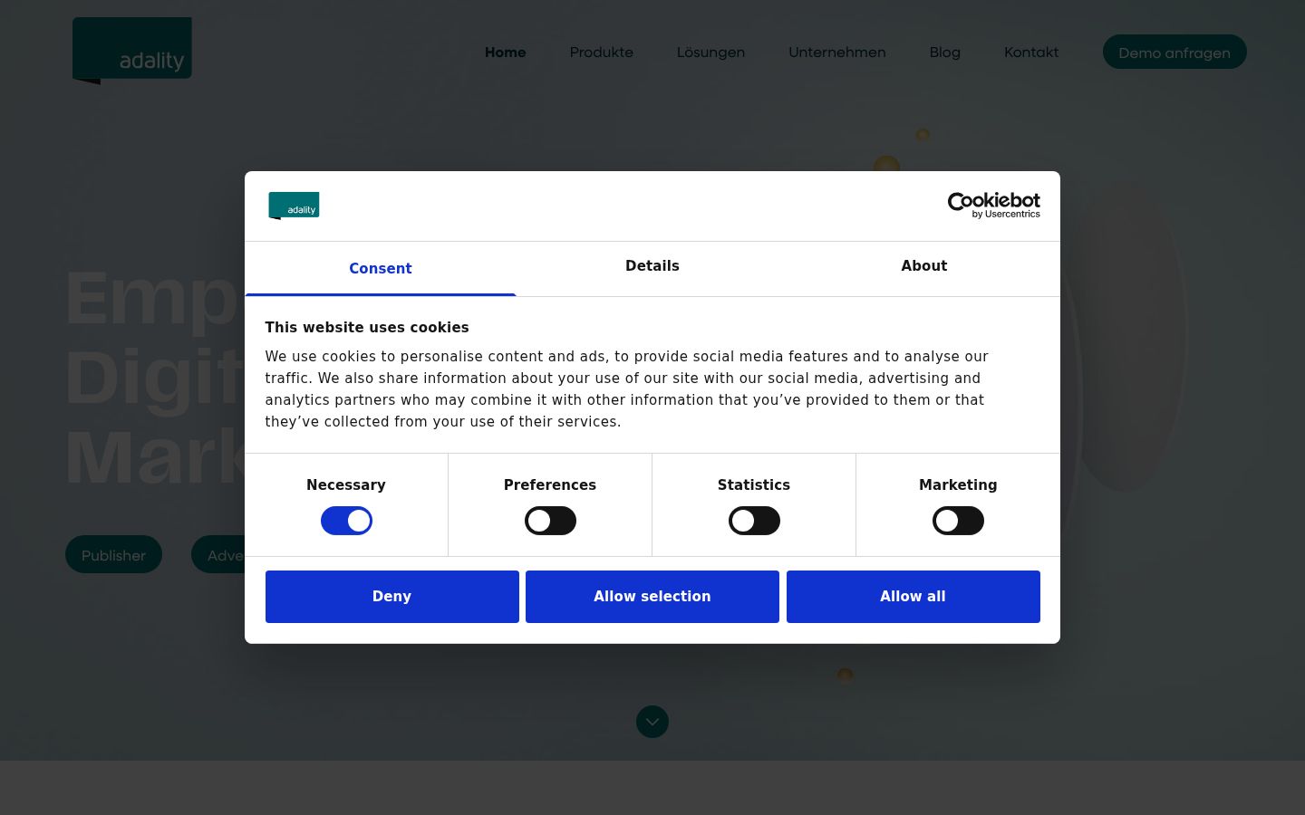 Screenshot del banner di consenso mostrato prima di qualsiasi interazione
