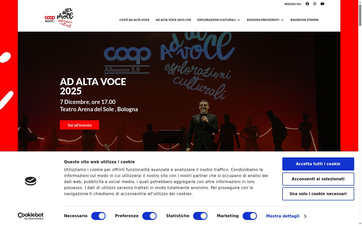 Screenshot del banner di consenso mostrato prima di qualsiasi interazione