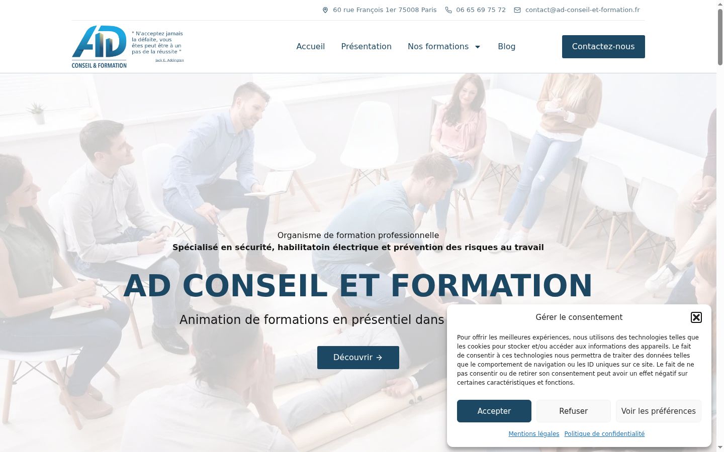 Capture d'écran de la bannière de consentement affichée avant toute interaction