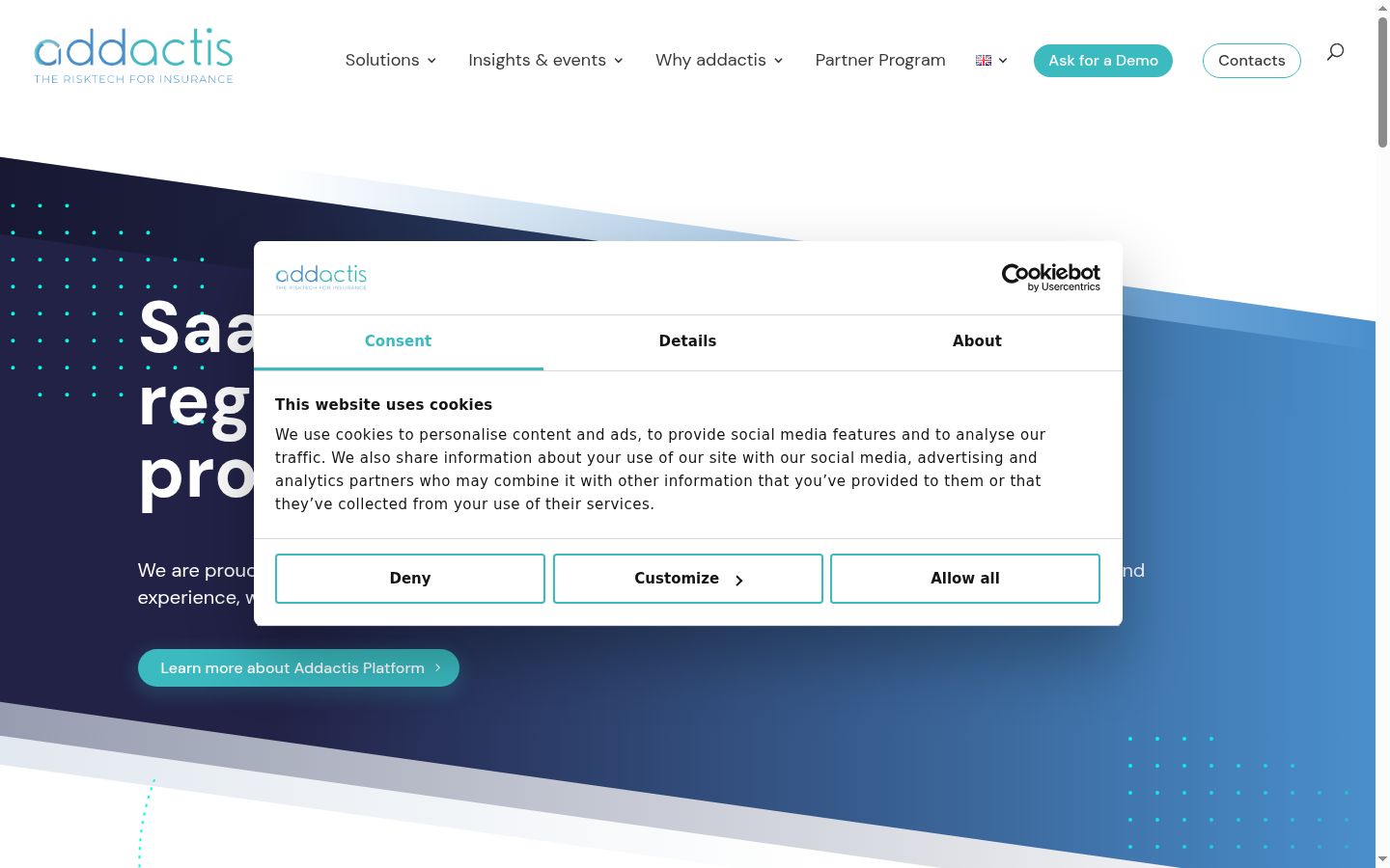 Captura de ecrã do banner de consentimento apresentado antes de qualquer interação