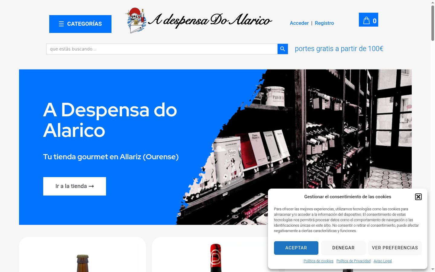 Captura de pantalla del banner de consentimiento mostrado antes de cualquier interacción