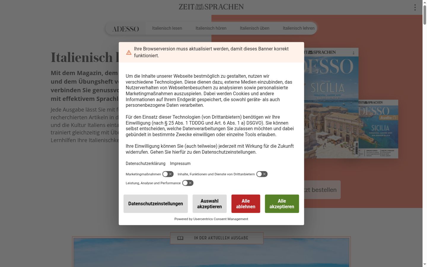 Screenshot des Einwilligungsbanners vor jeglicher Interaktion