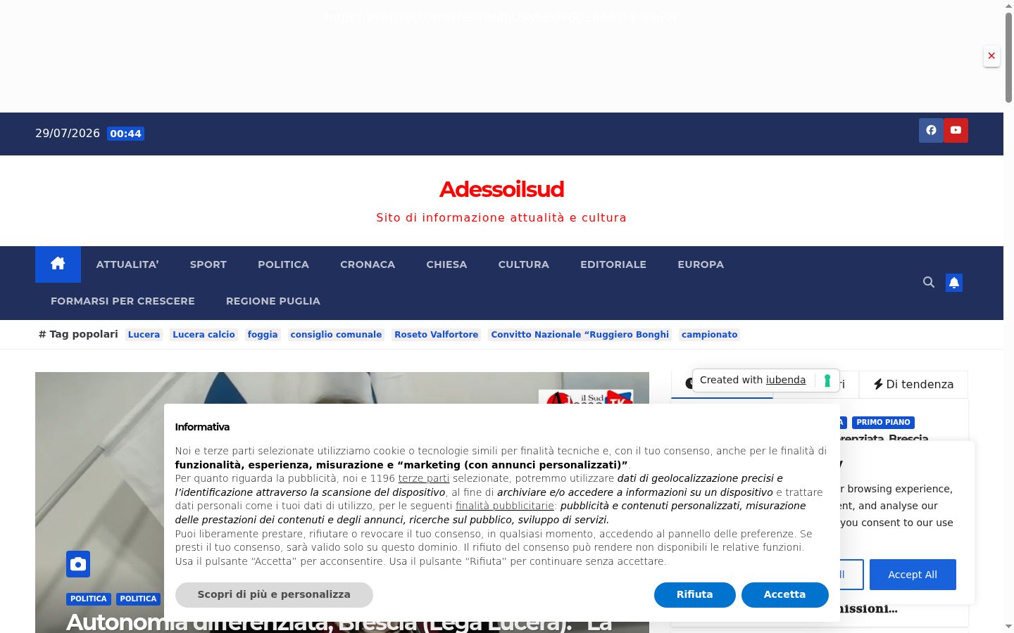 Screenshot del banner di consenso mostrato prima di qualsiasi interazione