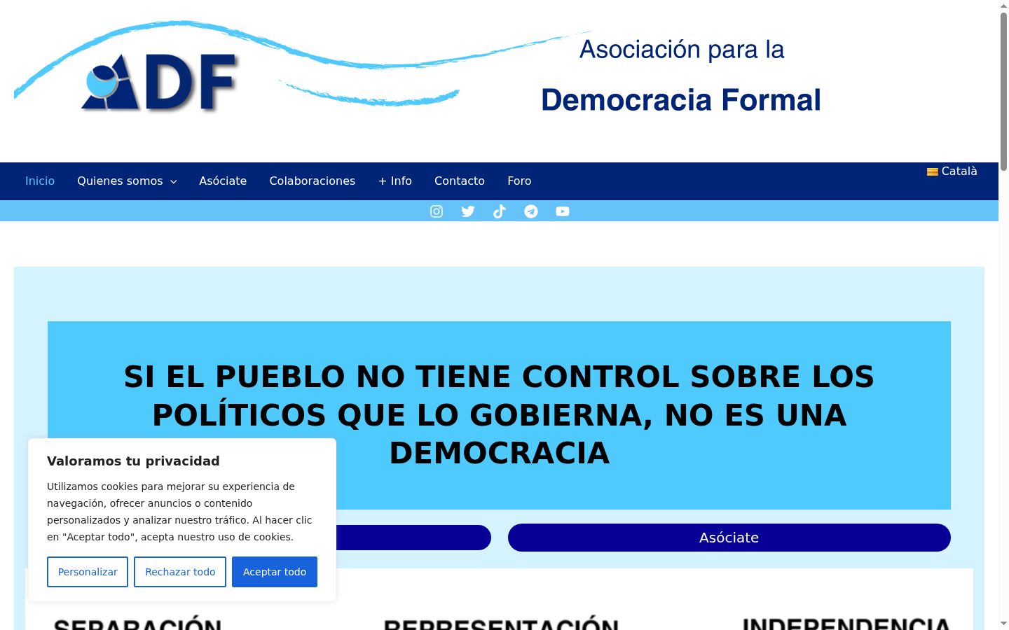 Captura de pantalla del banner de consentimiento mostrado antes de cualquier interacción