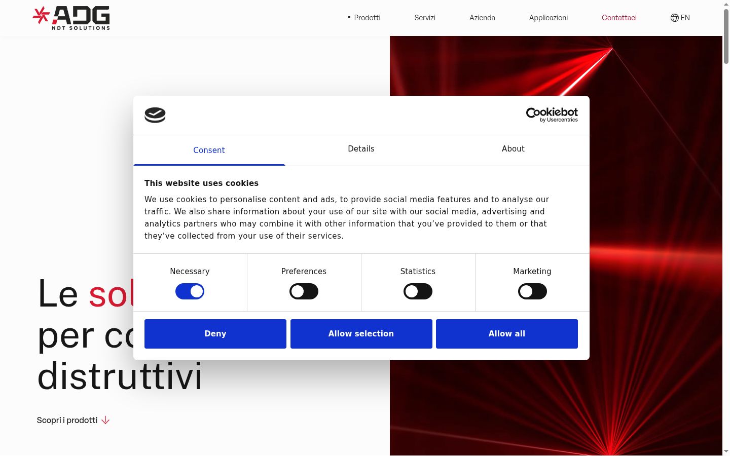 Screenshot del banner di consenso mostrato prima di qualsiasi interazione