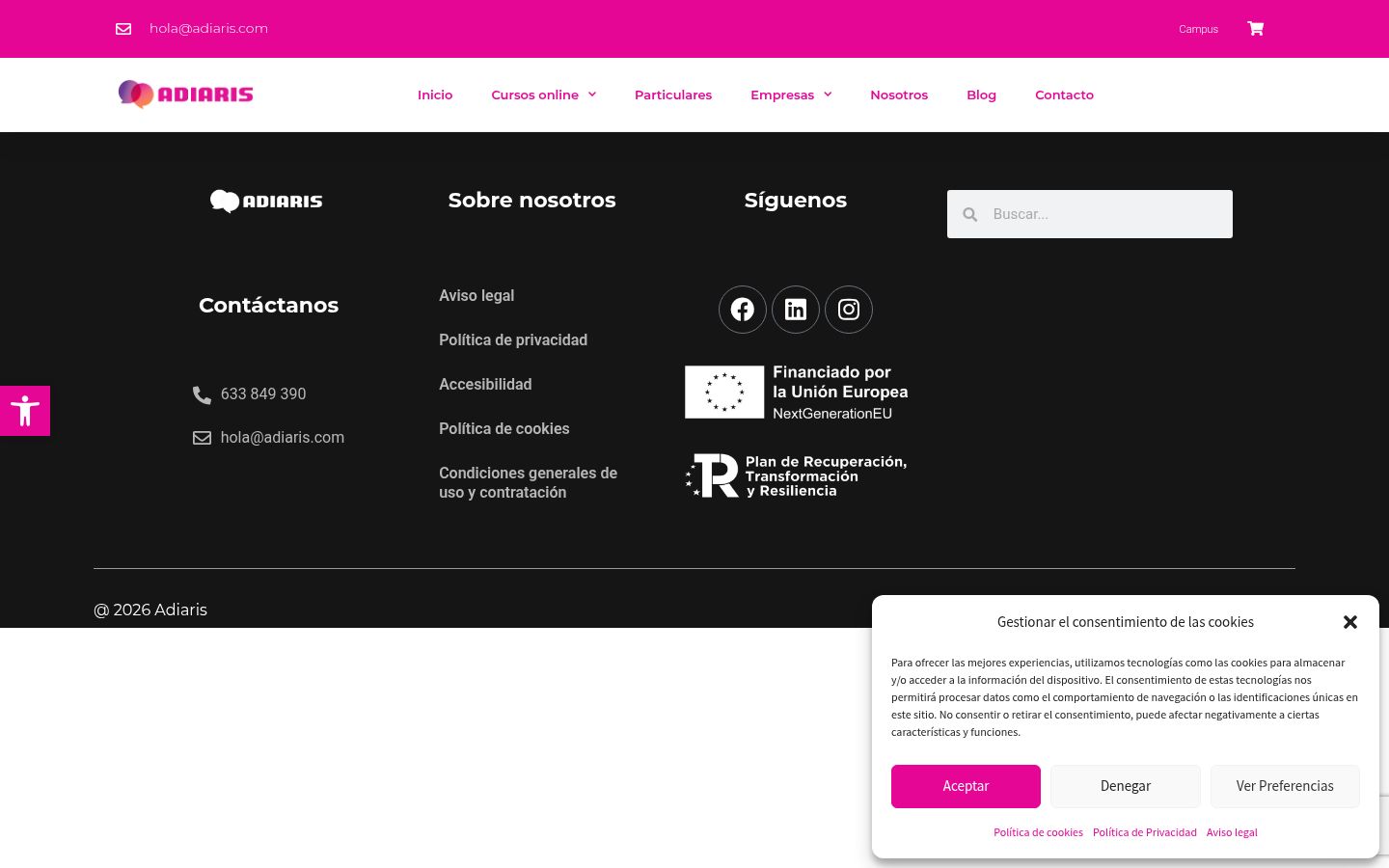 Captura de ecrã do banner de consentimento apresentado antes de qualquer interação