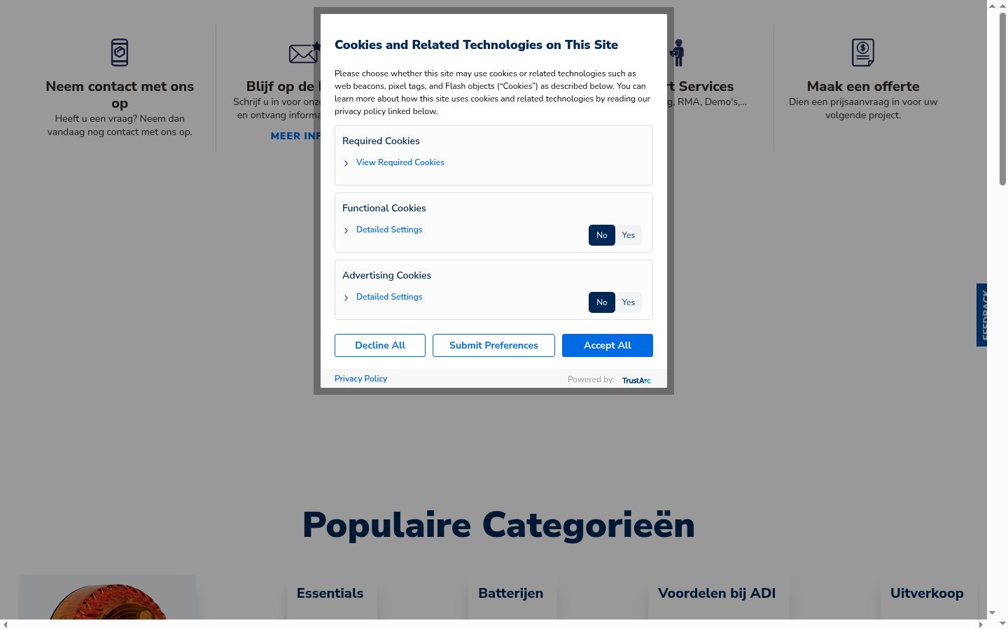 Screenshot van de toestemmingsbanner zoals getoond vóór enige interactie