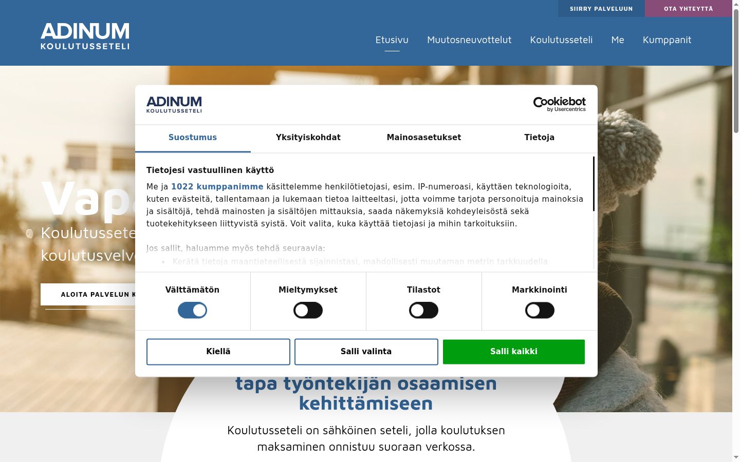 Képernyőkép a bármilyen interakció előtt megjelenő hozzájárulási bannerről