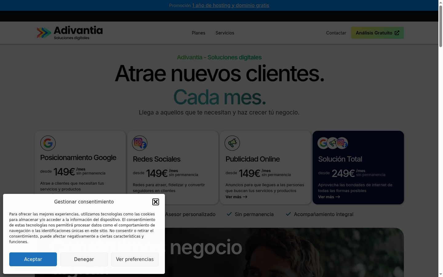 Captura de ecrã do banner de consentimento apresentado antes de qualquer interação