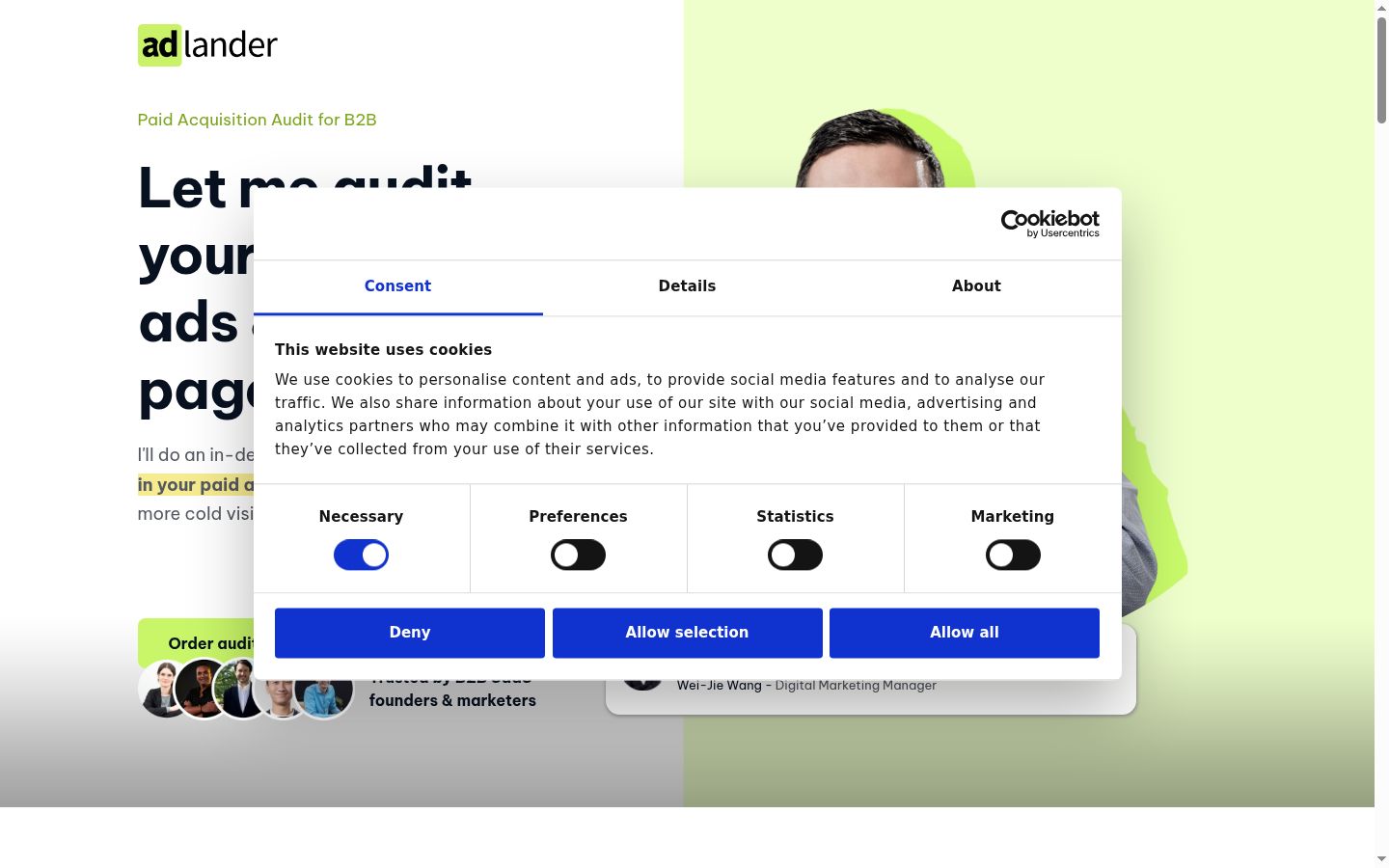 Screenshot del banner di consenso mostrato prima di qualsiasi interazione