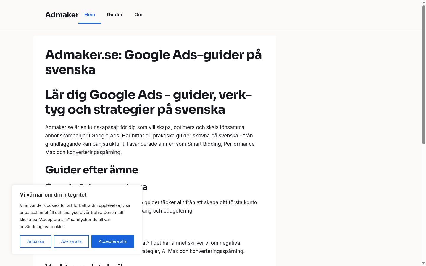 Skärmbild av samtyckesbannern som visades före någon interaktion