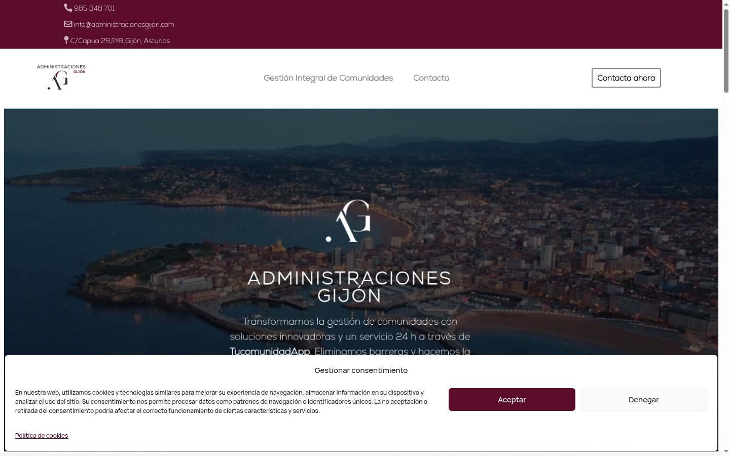 Captura de pantalla del banner de consentimiento mostrado antes de cualquier interacción