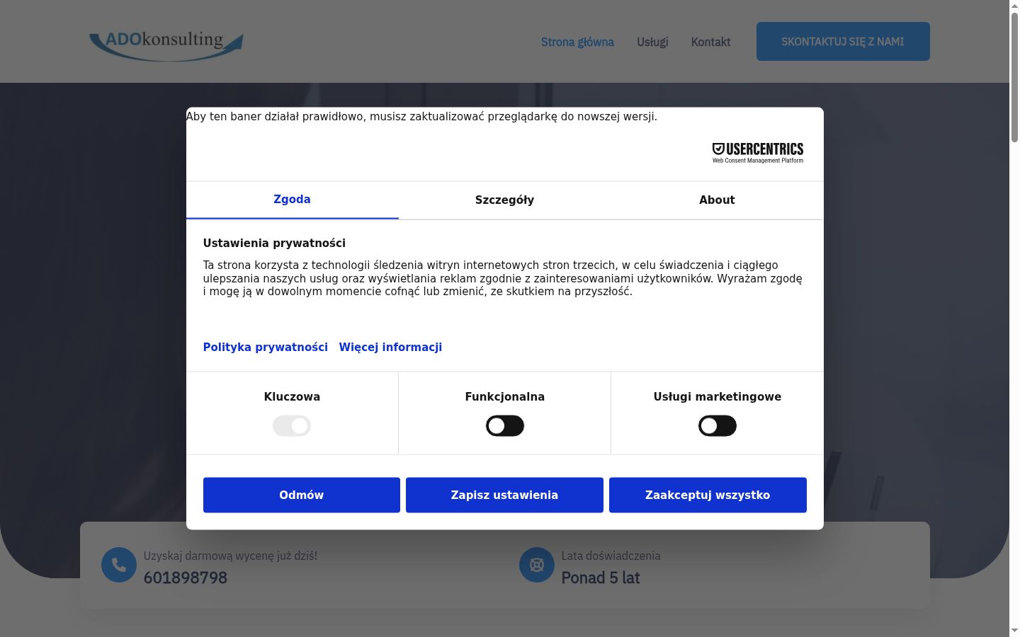 Posnetek zaslona pasice za privolitev, prikazane pred kakršno koli interakcijo