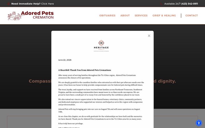 Captura de ecrã de adoredpetscremations.com
