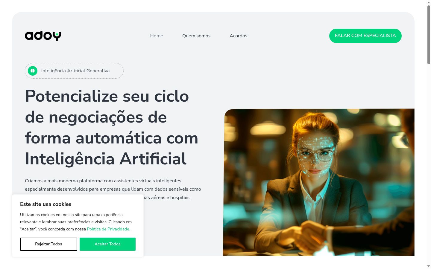 Captura de ecrã do banner de consentimento apresentado antes de qualquer interação