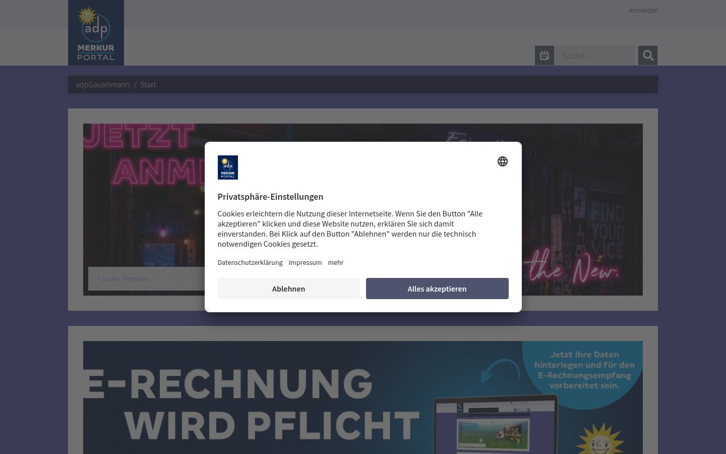 Screenshot des Einwilligungsbanners vor jeglicher Interaktion