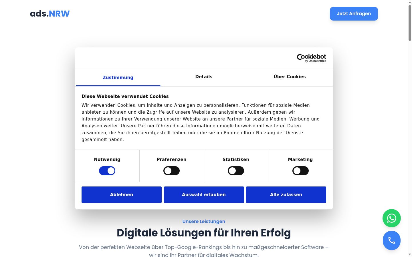 Screenshot des Einwilligungsbanners vor jeglicher Interaktion