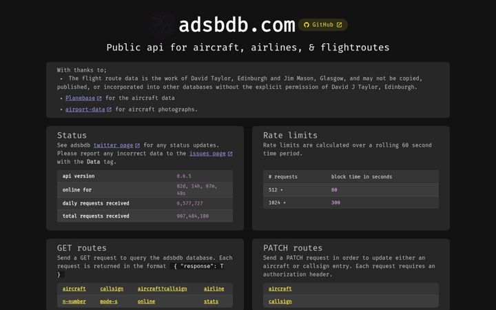 Kuvakaappaus sivustosta adsbdb.com