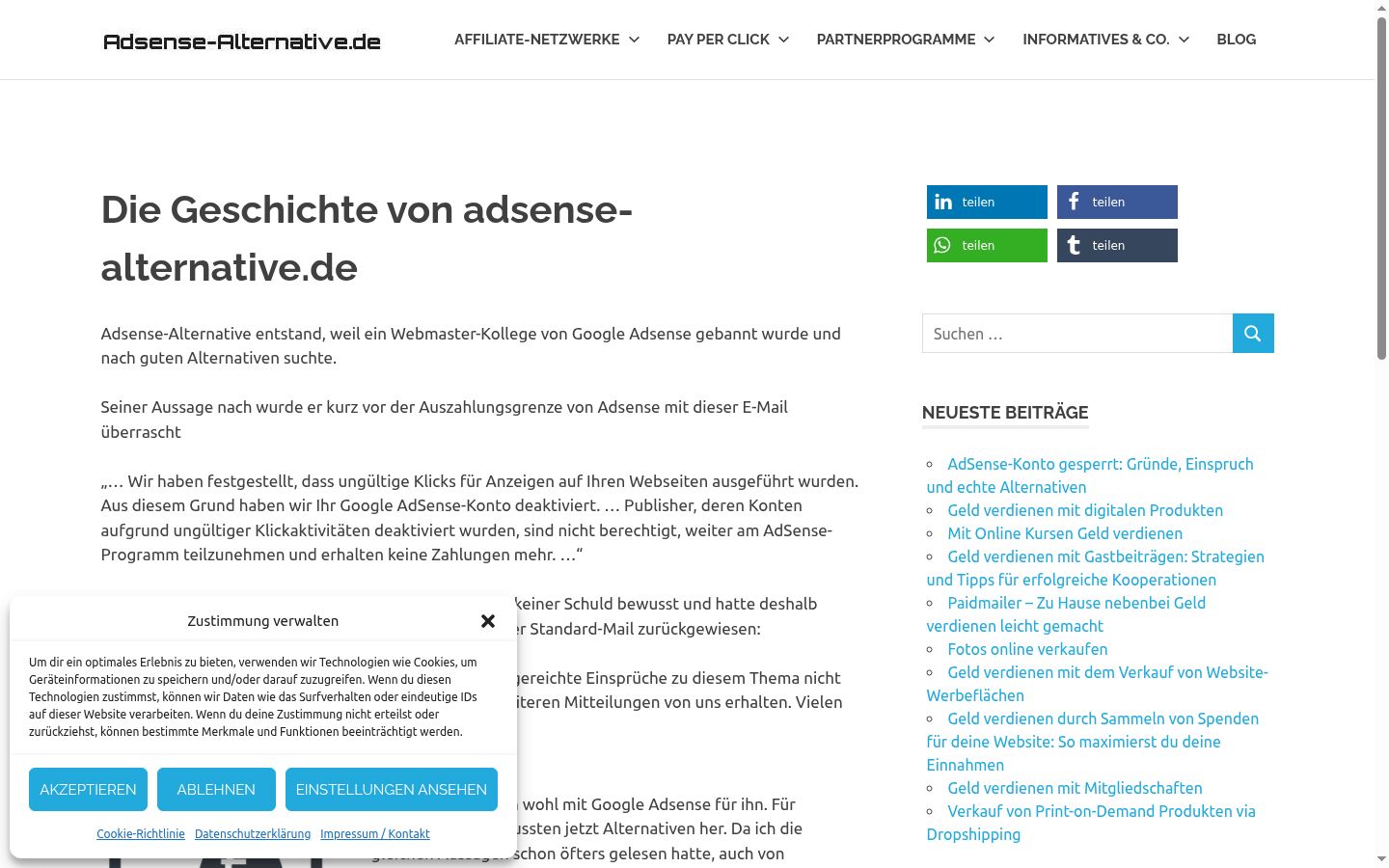 Screenshot del banner di consenso mostrato prima di qualsiasi interazione