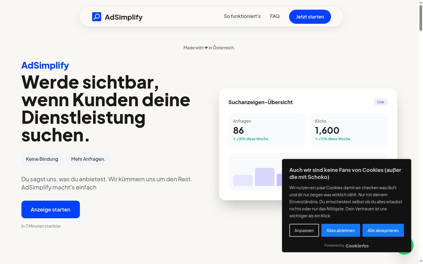 Screenshot des Einwilligungsbanners vor jeglicher Interaktion