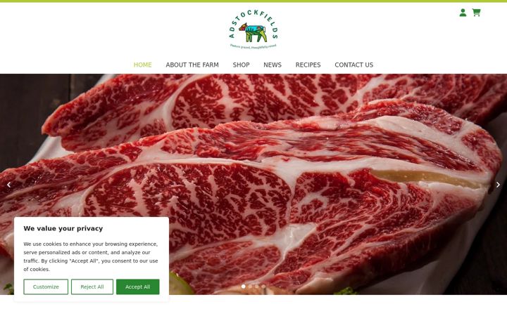 Snímek obrazovky adstockfieldsmeat.co.uk
