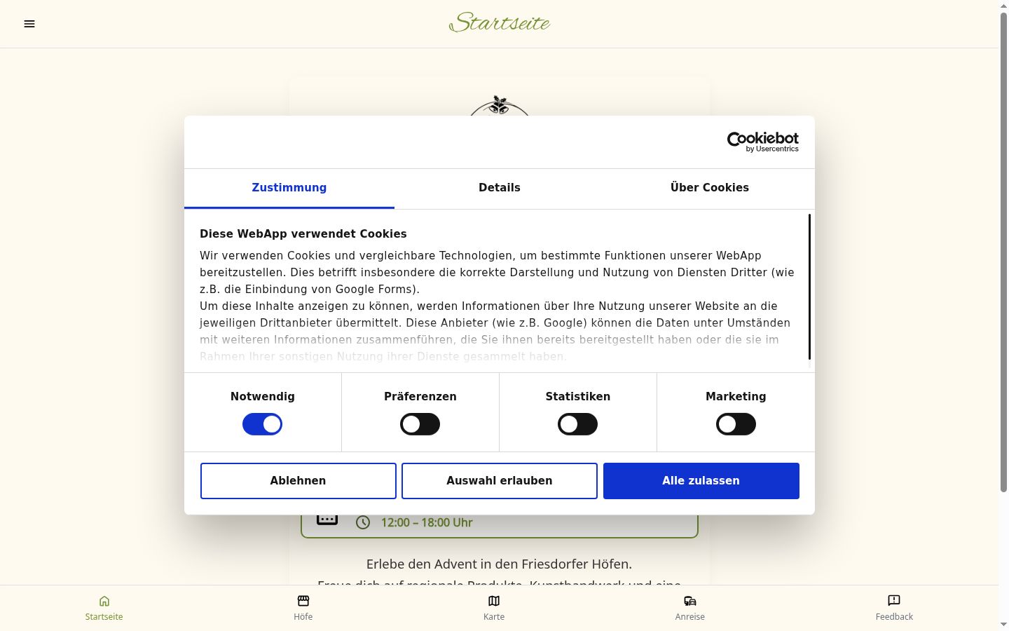 Screenshot des Einwilligungsbanners vor jeglicher Interaktion