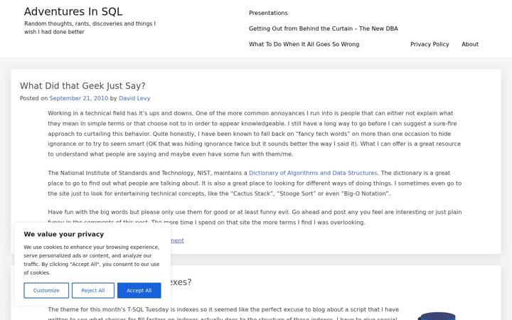 Screenshot of adventuresinsql.com