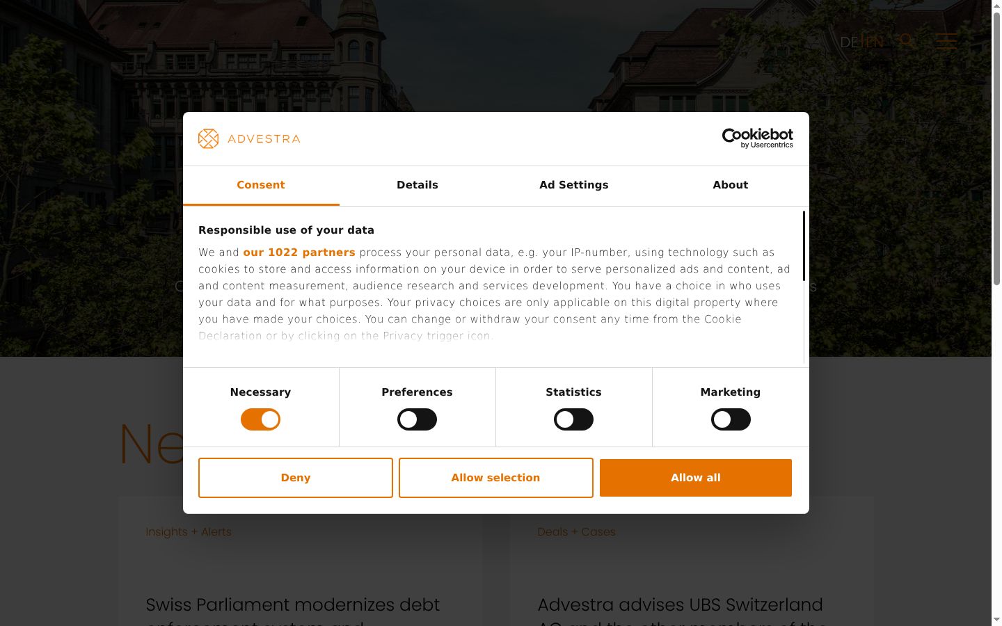 Snimka zaslona bannera za privolu prikazanog prije bilo kakve interakcije