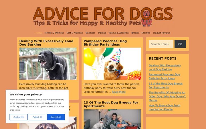 Screenshot of advicefordogs.com
