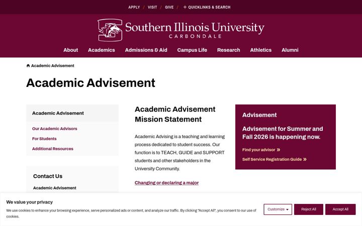 Screenshot of advisement.siu.edu